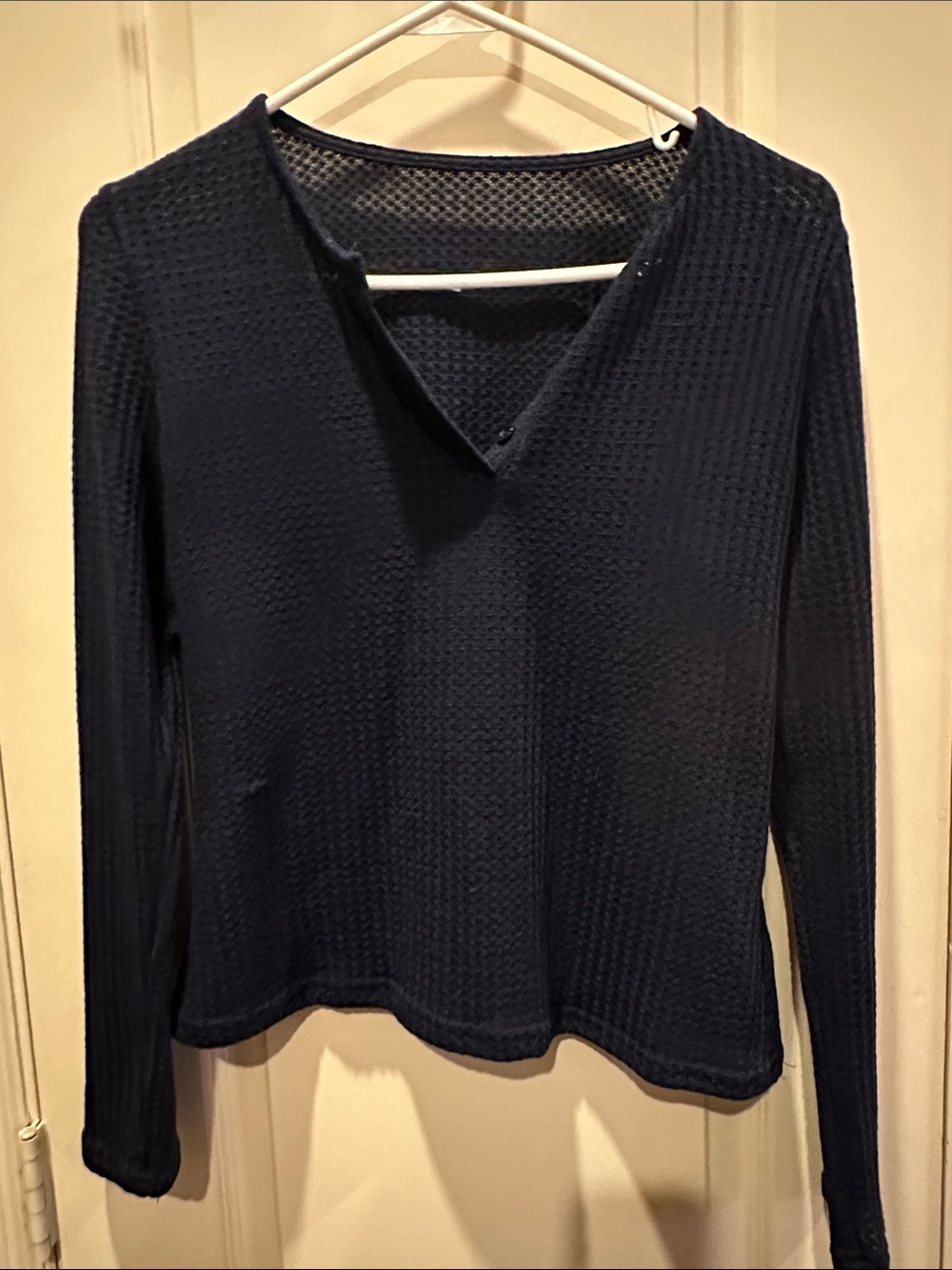 SHEIN Navy Blue Long Sleeve Waffle Knit V-Neck Top